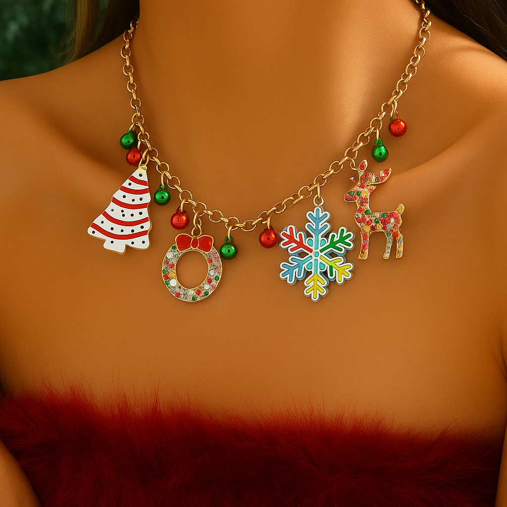 Christmas Gold Charm Necklace Festive Multicolor Pendants