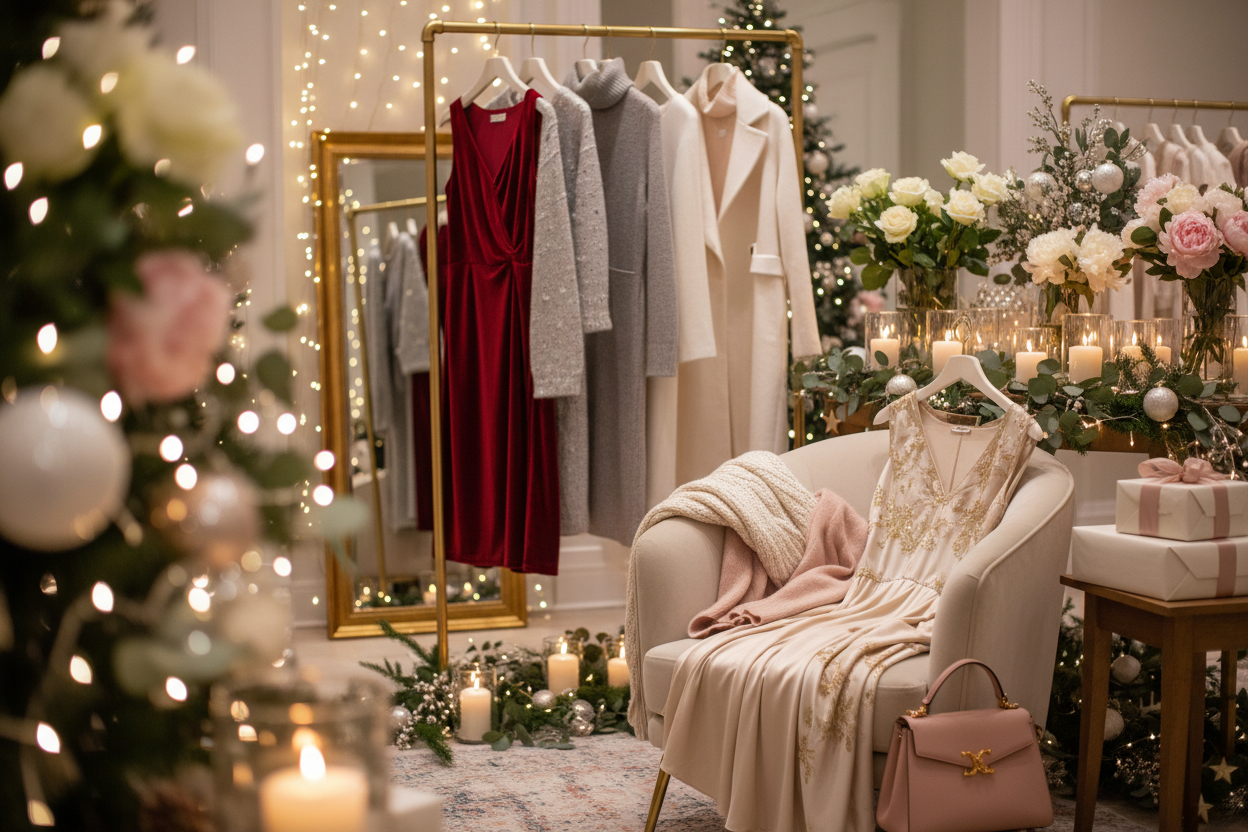 Elegant Christmas photo for online women’s boutique.