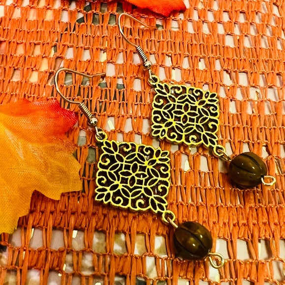 Hand Crafted Gold and Brown Filigree Earrings