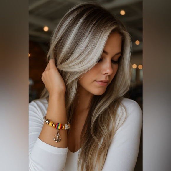 Pride Anchor Charm Bracelet – Silver, Colorful Beads & 2.5” Diameter Rainbow