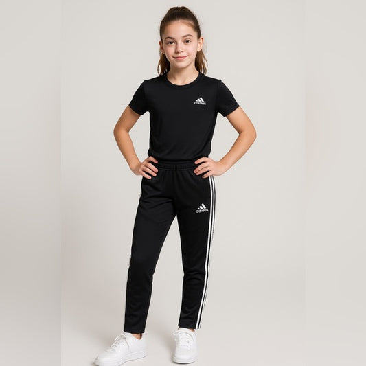 Adidas Youth Girls Track Pants – Black with White Stripes, Size Medium (12Y)