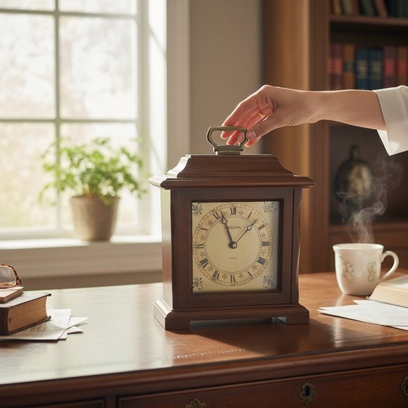 Vintage Bulova Quartz Mantel Clock B1871, Solid Wood, Dark Cherry Finish Carved