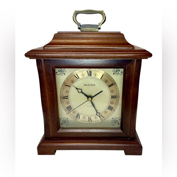 Vintage Bulova Quartz Mantel Clock B1871, Solid Wood, Dark Cherry Finish Carved