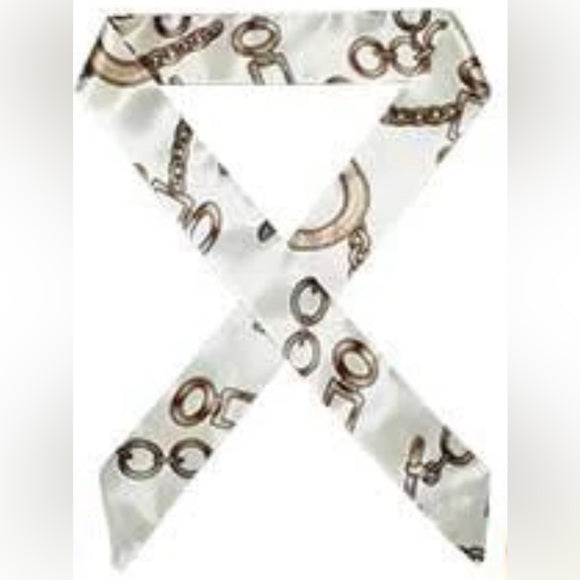 Elegant White & Gold Chain Print Versatile Women's Twilly Scarf for Neck, Hair, Wrist, and Handbag Styling