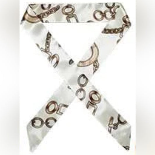 Elegant White & Gold Chain Print Versatile Women's Twilly Scarf for Neck, Hair, Wrist, and Handbag Styling