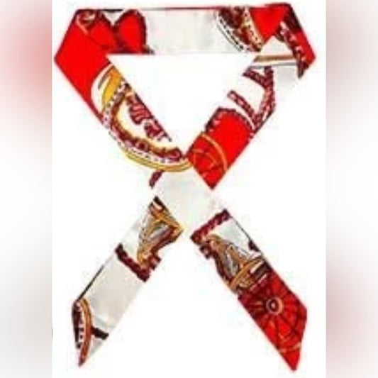 Elegant Red & White Baroque Print Twilly Scarf for Women - Versatile Accessory for Neck, Hair, Wrist & Handbag