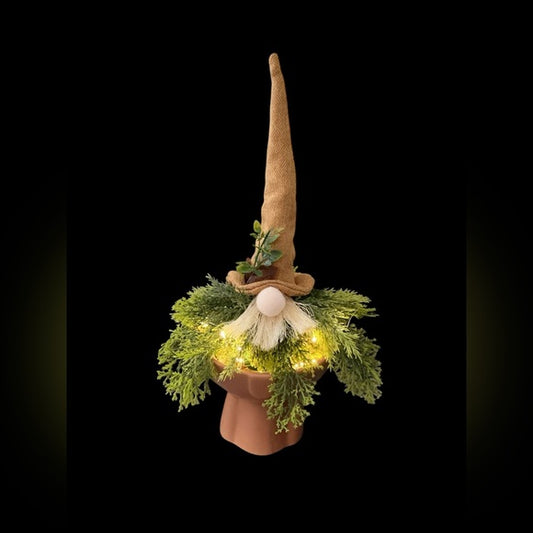 Handcrafted Whimsical Lighted Gnome with Greenery & Rustic Hat