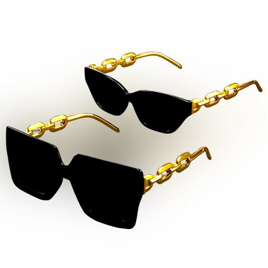 Chic Black & Gold Fashion Sunglasses Set - 2 Pairs with Elegant Golden Chain Link Arms