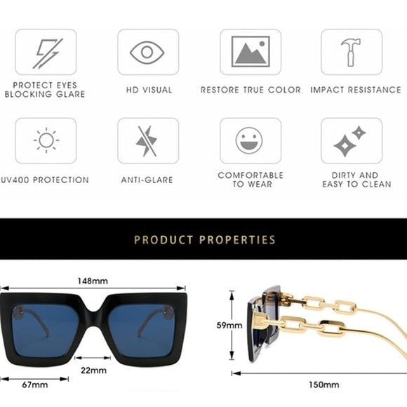 Chic Black & Gold Fashion Sunglasses Set - 2 Pairs with Elegant Golden Chain Link Arms