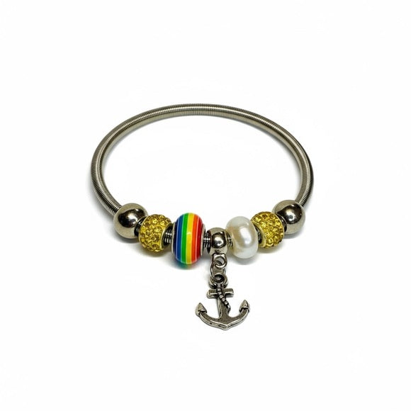 Pride Anchor Charm Bracelet – Silver, Colorful Beads & 2.5” Diameter Rainbow