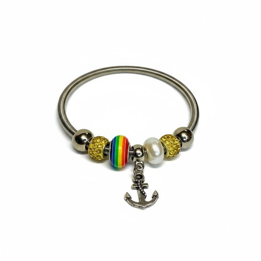 Pride Anchor Charm Bracelet – Silver, Colorful Beads & 2.5” Diameter Rainbow