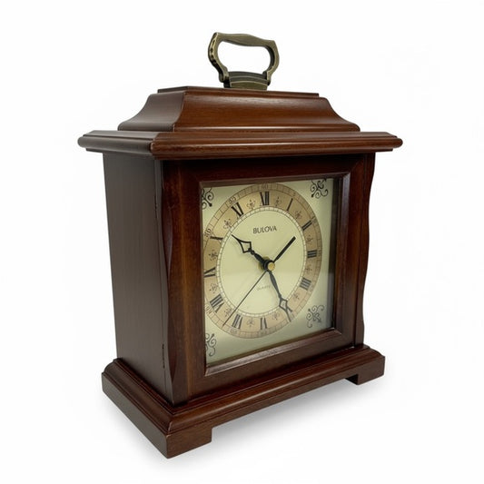 Vintage Bulova Quartz Mantel Clock B1871, Solid Wood, Dark Cherry Finish Carved