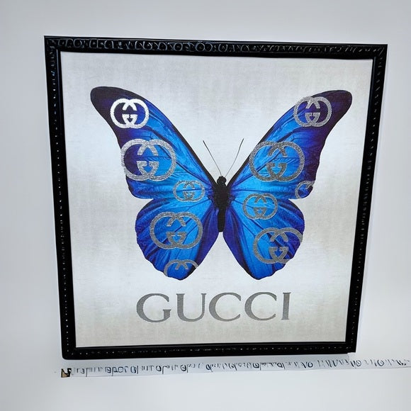 GUCCI Blue Butterfly Framed Fashion Canvas Art - Tax Deductible - STUNNING