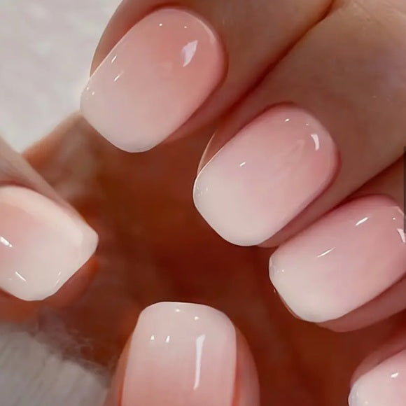 24pcs Glossy Jelly Pink Gradient Short Oval Press-On Fake Nails with Glue