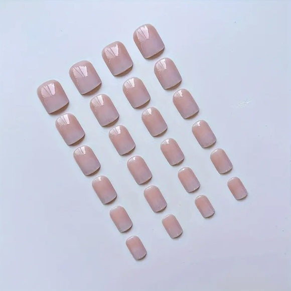 24pcs Glossy Jelly Pink Gradient Short Oval Press-On Fake Nails with Glue