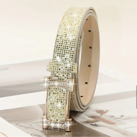 Women's Sparkling Gold Rhinestone 'H' Embellished PU Leather Belt - Size Small