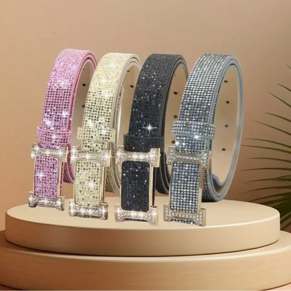 Women's Sparkling Gold Rhinestone 'H' Embellished PU Leather Belt - Size Small