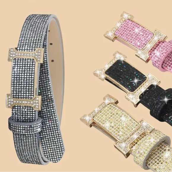 Women's Sparkling Gold Rhinestone 'H' Embellished PU Leather Belt - Size Small