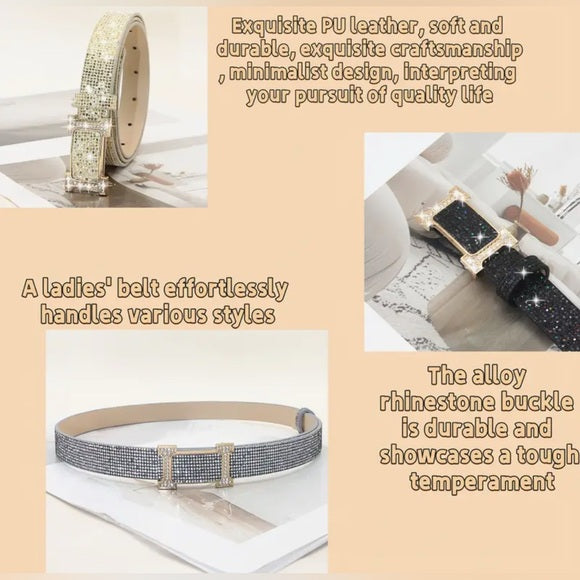 Women's Sparkling Gold Rhinestone 'H' Embellished PU Leather Belt - Size Small