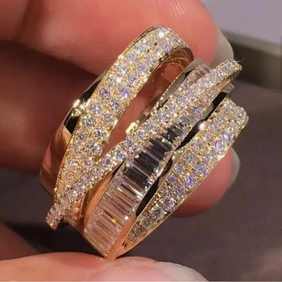 Women's Elegant Gold & Cubic Zirconia Multi-Layer Stacked Ring - Size 7