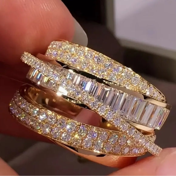 Women's Elegant Gold & Cubic Zirconia Multi-Layer Stacked Ring - Size 7