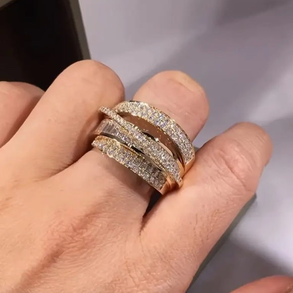 Women's Elegant Gold & Cubic Zirconia Multi-Layer Stacked Ring - Size 7