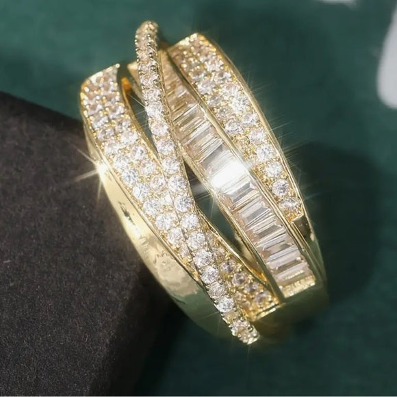 Women's Elegant Gold & Cubic Zirconia Multi-Layer Stacked Ring - Size 7