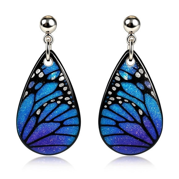 Exquisite Sterling Silver Earrings Featuring Vibrant Blue Purple Morpho Butterfly Wings in a Teardrop Design
