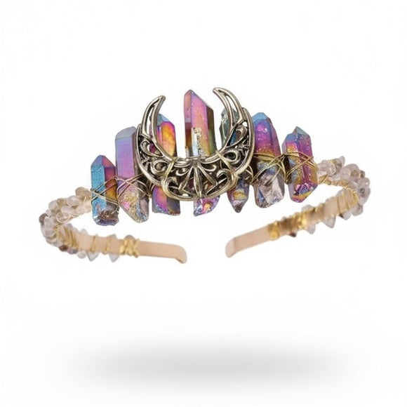 Exquisite Natural Crystal Tiara: Gold & Iridescent Crescent Moon Crown for Women