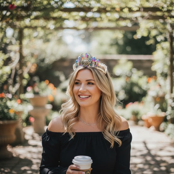 Exquisite Natural Crystal Tiara: Gold & Iridescent Crescent Moon Crown for Women