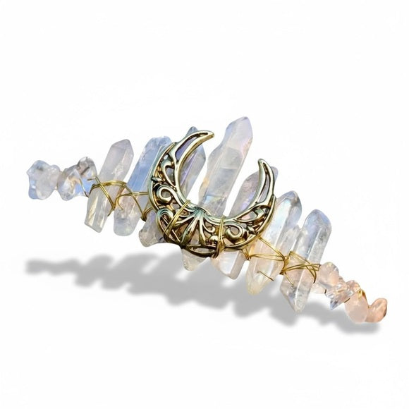 Elegant Gold & Iridescent Natural Crystal Tiara - Celestial Crescent Moon Crown