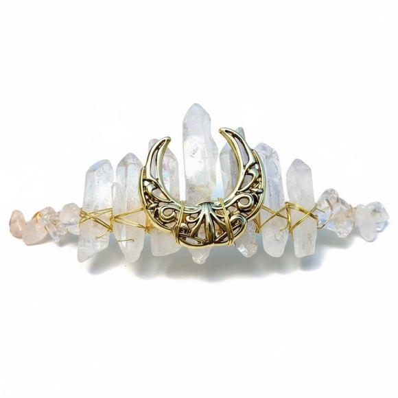 Elegant Gold & Iridescent Natural Crystal Tiara - Celestial Crescent Moon Crown