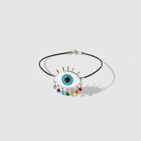 Rainbow Crystal Evil Eye Slider Chain Gun Metal Bracelet Hand Crafted