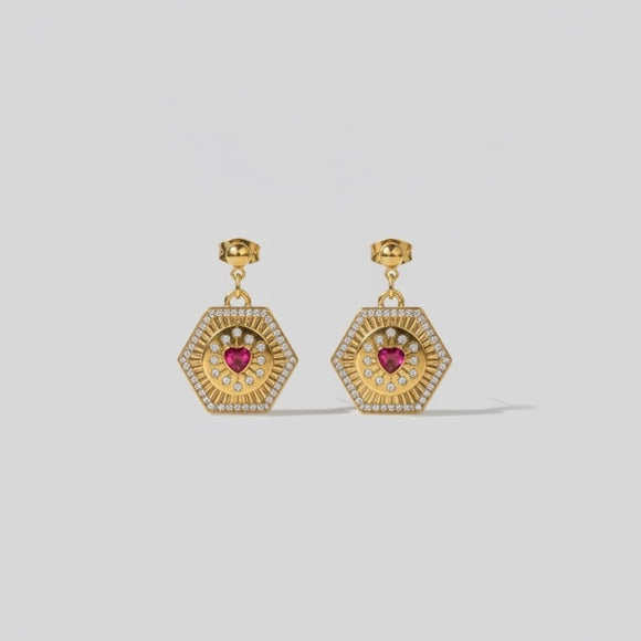 Gold Hexagon Cubic Zirconia CZ with Pink Garnet Earrings