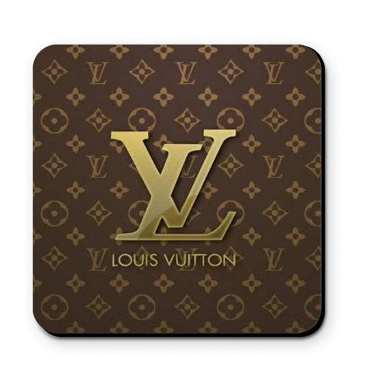 Louis Vuitton LV Logo Brown Gold Fashion Coaster Set - Set of 4 Glossy Coasters